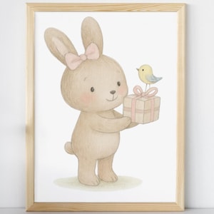 Handgemaltes Poster Häschen mit Schleife, Süßes Wandbild fürs Babyzimmer in Naturfarben, Liebevolles Wandbild in zarten Farben