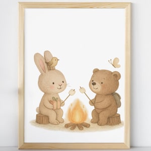 Póster para habitación infantil: fogata, oso y conejo asando malvaviscos | Pintado a mano | A4 A3 50x70 | Digital, impreso, enmarcado | Animales del bosque en acuarela