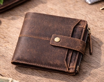 Personalized Full Grain Leather Wallet, Handmade Mens Bifold Wallet with Zipper Coin Pocket, Custom Engraved Leather Wallet Gift for Husband