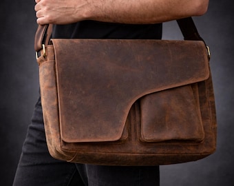 Leather Messenger Bag for Men, Vintage Laptop Briefcase, Handmade Satchel with Front Pockets, Work Bag, Gift for Him, Leather Laptop bag