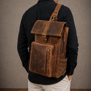 leather sling bag for men, Leather Backpack Crossbody Bag for Men, Convertible Sling Laptop Bag, Brown Leather Rucksack, 13 Inch Laptop Bag