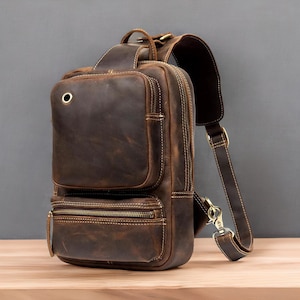 Handmade Full Grain Leather Sling Bag: Men&#39;s Crossbody Backpack