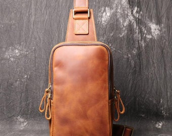 Leather Sling Bag for Men, Men‘s Leather Chest Bag, Dumpling Bag Men's Chest Bag, Distressed leather sling Bag , men fanny pack Gift for him