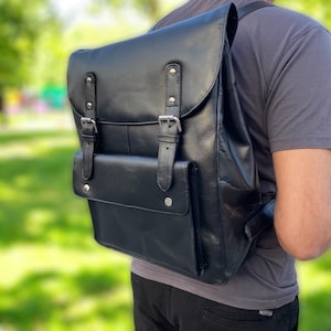 Black Leather Backpack Men&#39;s Leather Rucksack Personalized Leather Backpack laptop backpack Camping Travel bag Christmas gift for him brown