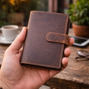 May include: A brown leather wallet with a tab closure. The wallet is held in a hand, showcasing its textured surface and stitching details. The background includes a blurred outdoor setting with a cup of coffee.