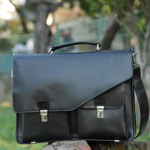Sac en cuir noir Sac en cuir pour homme Sac besace personnalisé pour ordinateur portable en cuir Sac d'affaires Cadeau pour la fête des pères Sac bandoulière en cuir