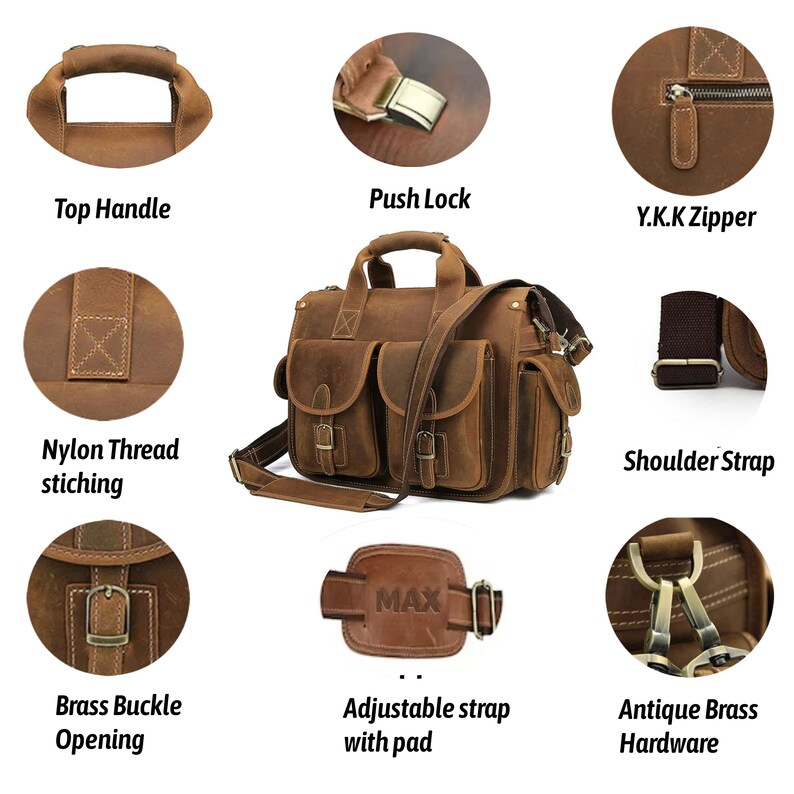 Vintage Handmade Leather Briefcase Personalised Real Leather Men