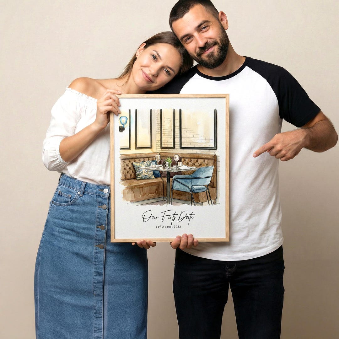 Our First Date Venue Portrait, Custom Watercolor Couple Drawing ...