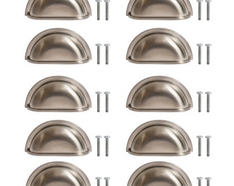 Paquete de 10 manijas de copa de níquel cepillado, manijas de cajón de armario de cocina, manijas de taza, cajón de tocador, tiradores de armario de baño