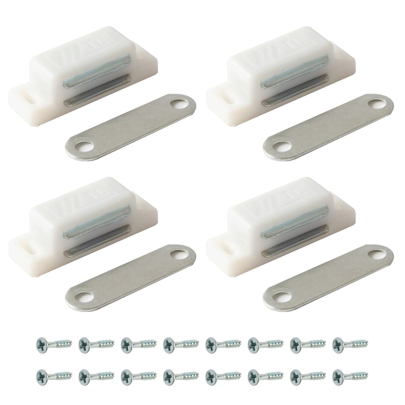 Puede incluir: Cuatro juegos de cierres magn&eacute;ticos para armarios blancos con placas de golpeo met&aacute;licas y tornillos. Cada juego incluye un cierre magn&eacute;tico, una placa de golpeo y cuatro tornillos.