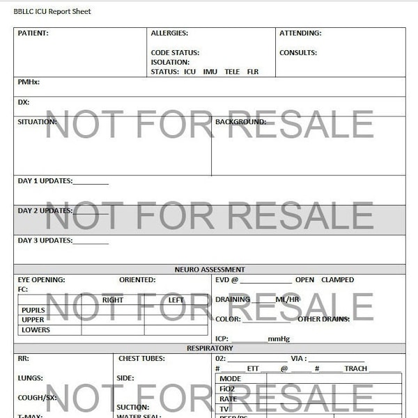 Detailed report sheet for ICU nurses with 3 shift tracking of plan of care, SBAR, intake and output, lines drains & tubes, and  contact info