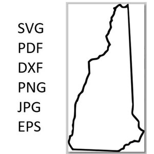 May include: Black and white outline of the state of New Hampshire.