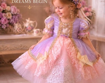 Vestido de cumpleaños lila rosa inspirado en Rapunzel para niñas, vestido de fiesta de princesa de lujo, vestido de encaje de herencia para niñas pequeñas, conjunto de alta costura de cuento de hadas