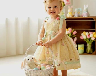 Vestido de Pascua de encaje con reliquia: vestido amarillo para bebé con lazos color menta. Colección limitada de primavera.