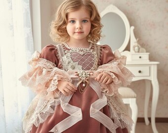 Vestido de cumpleaños vintage para niña: vestido floral de alta costura hecho a mano con perlas, un atuendo de recuerdo de boutique.