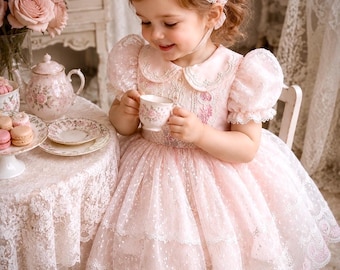 Conjunto de vestido rosa de lujo para bebé, vestido vintage de encaje para niña de las flores, vestido de cumpleaños de alta costura para niña pequeña, vestido romántico para fiesta de té.
