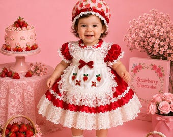 Erdbeere ersten Geburtstag Kleid, Erbstück Erdbeere Shortcake Kleid, Luxus-Baby-Outfit für Mädchen, Vintage Kuchen Smash Kleid, Couture Kleid Mädchen
