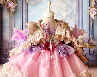 Vestido de cumpleaños de Rapunzel para niñas, vestido de princesa de lujo hecho a mano, vestido de tul de alta costura con capa