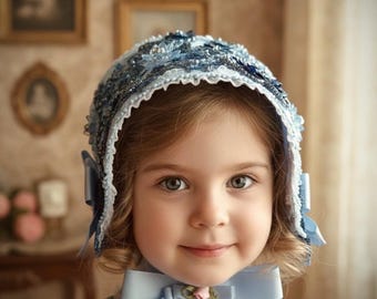 Gorro de encaje azul vintage – Gorro de bebé artesanal, pieza de herencia familiar, tocado de bautizo