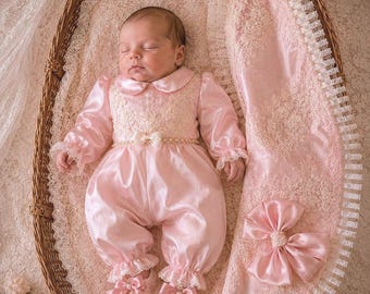 Conjunto de regalo de lujo para bebé, conjunto de pelele y manta para recién nacido, regalo personalizado para baby shower, conjunto para la salida del hospital, conjunto para bebé de herencia familiar.