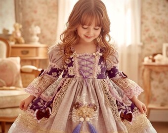 Vestido de bebé de encaje lavanda hecho a mano con gorro – Conjunto de alta costura para heredar