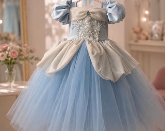 Vestido de cumpleaños de Cenicienta para niñas, lujoso vestido de princesa azul, conjunto para el primer cumpleaños de bebé niña, vestido de fiesta de cuento de hadas, alta costura para niña de las flores