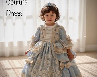 Conjunto de vestido y diadema de princesa azul hechos a mano: French Lace Couture