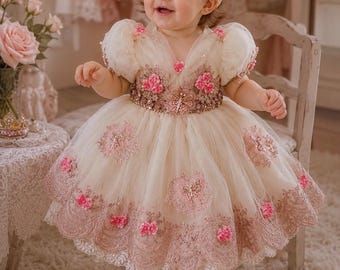 Vestido de lujo para el primer cumpleaños de niña, vestido de princesa rosa para cumpleaños, vestido Butterfly Couture para niña pequeña, conjunto para el primer cumpleaños de niña, Fairytal