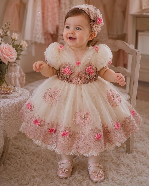 Luxury First Birthday Dress for Baby Girl, Pink Princess Birthday Dress, Butterfly Couture Toddler Dress, 1st Birthday Outfit Girl, Fairytal
