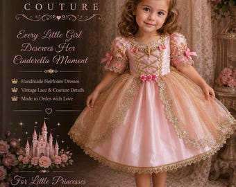 Pink Cinderella Dress for Girls, Luxury Princess Birthday Dress, Heirloom Flower Girl Dress, Handmade Couture Toddler Dress, Fairytale Party