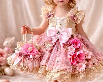 Vestido de Pascua rosa de lujo para niña pequeña, traje de cumpleaños de alta costura con encaje de reliquia