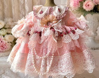 Conjunto de vestido rosa de lujo para bebé, vestido vintage de encaje para niña, atuendo para el primer cumpleaños, vestido de alta costura para bebé, vestido romántico para niña pequeña