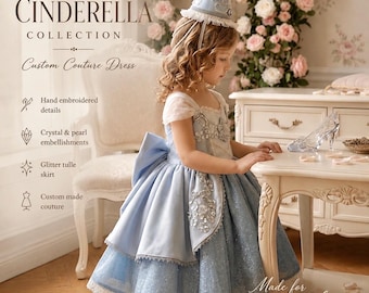 Conjunto de vestido de cumpleaños Cenicienta Heirloom, lujoso vestido de fiesta de princesa azul, vestido de alta costura para niña de las flores, conjunto inspirado en zapatos de cristal, hecho a mano