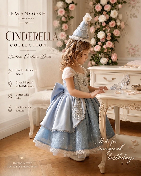 birthday collection dresses Cinderella Heirloom Dress Set, Luxury Blue Princess Party Dress, Couture Flower Girl Dress, Crystal Shoe Inspired Outfit, Handmade Custom hi slit sequins Big Sister/Big Brother Dress Codes - DIS Length:4