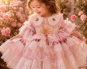 Vestido de bebé niña de encaje rosa vintage de lujo hecho a mano – Vestido de niña de las flores con perlas - Vestido de primer cumpleaños