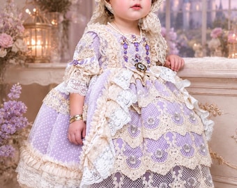 Sukienka księżniczki dla dziewczynek, liliowa sukienka z rodu Heirloom, sukienka dla dziewczynki sypiącej kwiaty z koronki w stylu rokoko, bajkowy strój urodzinowy