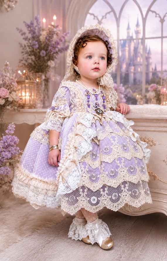 purple and cream lace dress Princess Dress for Girls, Lilac Heirloom Couture Dress, Rococo Lace Flower Girl Dress, Fairytale Birthday Outfit