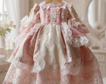 Vestido de lujo rosa de encaje para el primer cumpleaños de una niña, vestido de princesa para fiesta de té, vestido vintage para bautizo, vestido de niña de las flores de herencia.