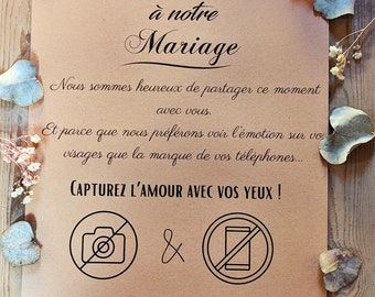 Affiche mariage, interdiction d'appareil photo et portable. Cérémonie intime