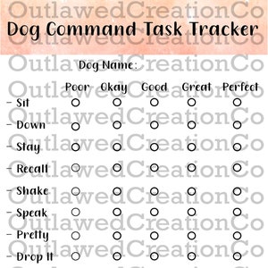 May include: A white Dog Command Task Tracker with the text "Dog Command Task Tracker" at the top. The tracker includes a section for the dog's name and columns for rating commands from "Poor" to "Perfect".