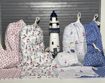 All-purpose bag set of 3 with cotton cord, maritime, laundry bag, gift bag