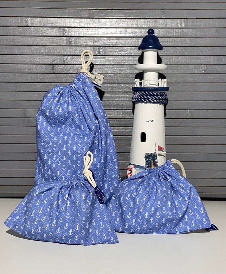 Allzweckbeutel 3er Set mit Baumwollkordel, Maritim, Wäschesäckchen, Geschenkebeutel Anker Blau