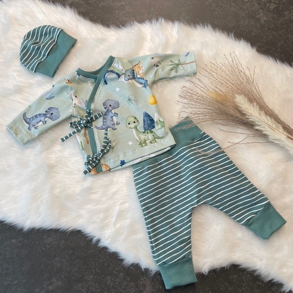 Baby Set BIO Jersey Wickelshirt Pumphose Mütze Frühchen Newborn Dino Dinosaurier