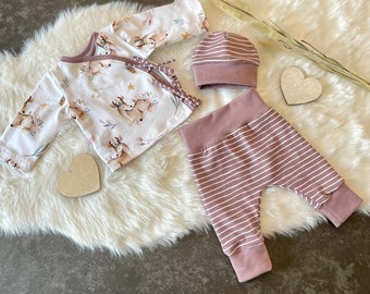 Baby Set BIO Jersey Wickelshirt Pumphose Mütze Frühchen Newborn Boho Reh