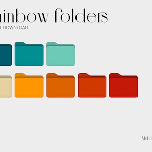 Può includere: Un set di otto icone di cartelle colorate in uno schema di colori arcobaleno. Le cartelle sono disposte in due file di quattro. La fila superiore è turchese, blu e verde. La fila inferiore è beige, arancione, rosso e marrone. Il testo "Rainbow folders" è nella parte superiore dell'immagine. Il testo "INSTANT DOWNLOAD" è sotto il testo "Rainbow folders".