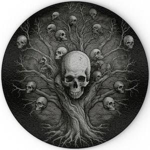 May include: A black and white illustration of a tree with skulls in place of leaves and a large skull at the center. The artwork is circular and has a textured background, creating a gothic or macabre aesthetic.