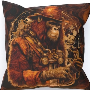 Steampunk Orangutan Cushion, Double-Sided - Size Options: 30cm x 45cm, 30cm x 30cm, 45cm x 45cm, 60cm x 60cm (Filling Included)
