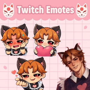 May include: Digital art featuring Twitch emotes with a pink background. The emotes depict a character with orange hair, cat ears, and red eyes in various poses, including holding a heart and blushing. The text "Twitch Emotes" is at the top.