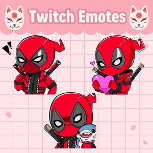 May include: A set of three Twitch emotes featuring a cartoon Deadpool character in various poses. The emotes are red and black, with the text "Twitch Emotes" at the top. One emote has an exclamation mark, another holds a pink heart, and the last one holds a shark.