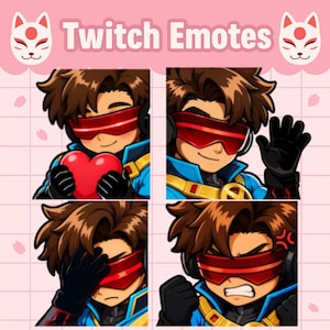 May include: A set of four digital Twitch emotes featuring a brown-haired character wearing a red visor, blue jacket, and black gloves. The character is shown holding a red heart, waving, facepalming, and looking angry with a red vein symbol.